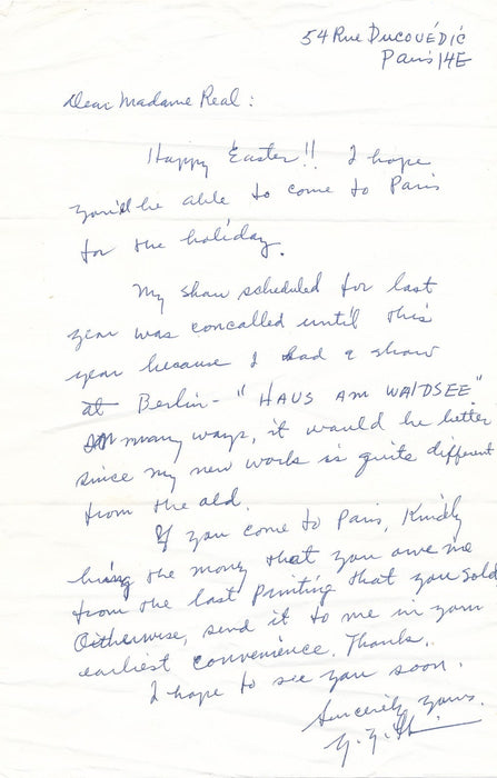 Yuen-Yuey CHINN peintre chinois lettre autographe signée galeriste Gisèle Réal