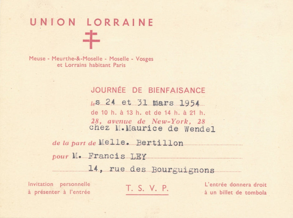 Suzanne BERTILLON décoratrice invitation Union Lorraine Wendel Balmain Dior ...
