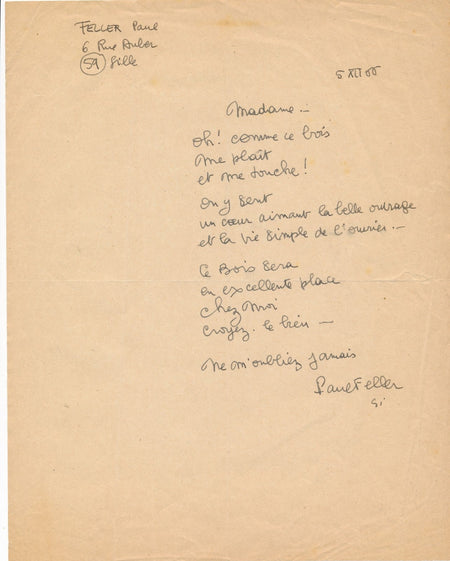 Paul Feller Poème autographe signé outil ouvrier prêtre 