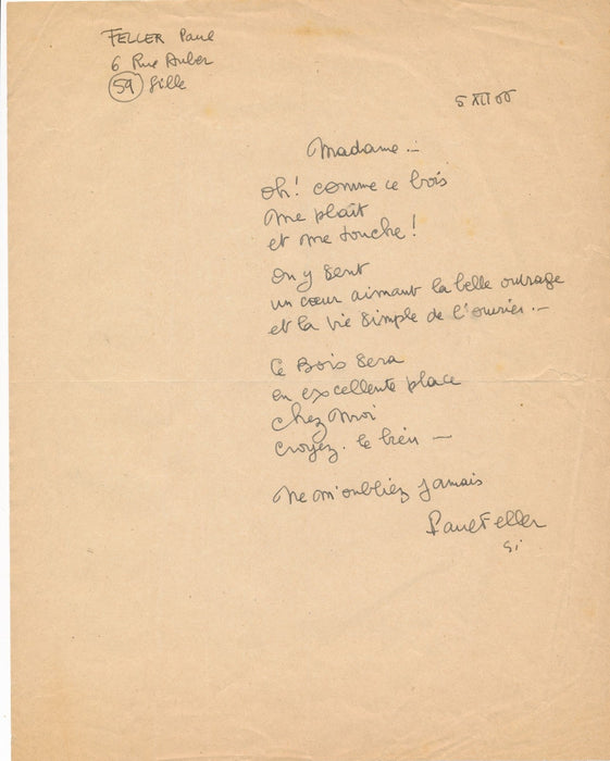 Paul Feller Poème autographe signé outil ouvrier prêtre 