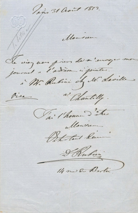 D. RUBINI professeur au Conservatoire demande envoi journal lettre adresse