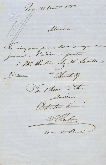 D. RUBINI professeur au Conservatoire demande envoi journal lettre adresse