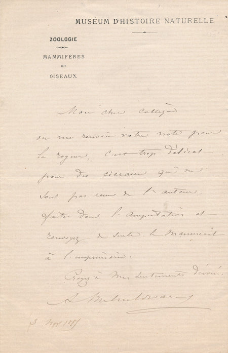 Alphonse MILNE-EDWARDS "amputation" d'un texte lettre autographe signée