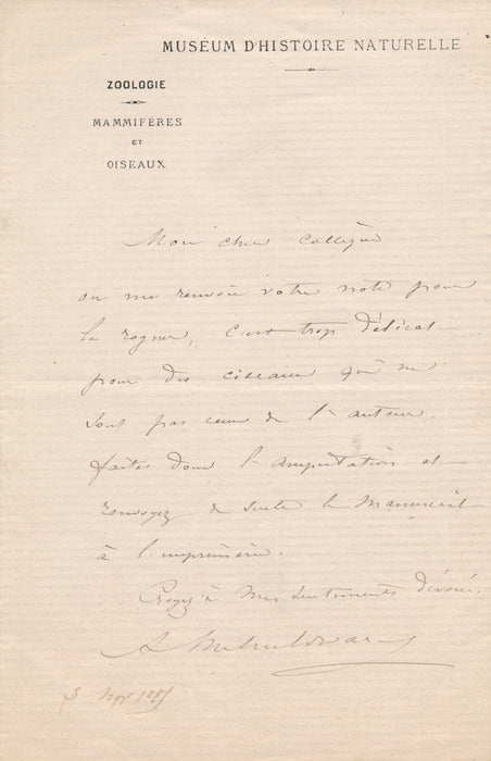 Alphonse MILNE-EDWARDS "amputation" d'un texte lettre autographe signée