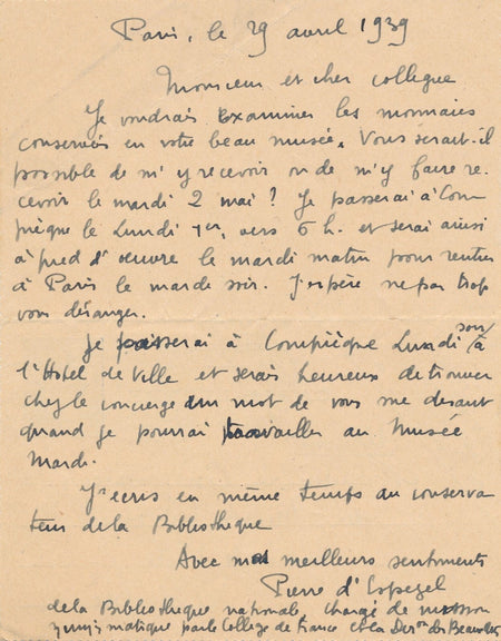 Pierre d ESPEZEL lettre autographe signée musée Vivenel à Compiègne monnaie