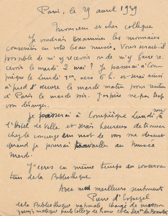 Pierre d ESPEZEL lettre autographe signée musée Vivenel à Compiègne monnaie