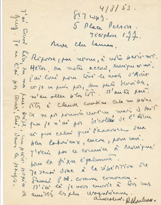 Cinéma théâtre Raymond Rouleau lettre autographe signée Roger Lauran 1953