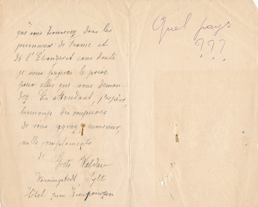 Grete WALDAU 2 lettres autographes signées Exposition universelle Paris presse