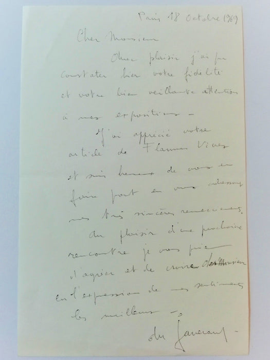 Daniel du Janerand dessin original signé et lettre autographe signée