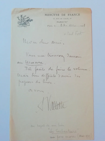 éditeur Alfred Valette lettre autographe signée à Paul Fort Les Enchanteurs