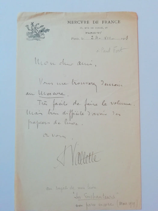 éditeur Alfred Valette lettre autographe signée à Paul Fort Les Enchanteurs