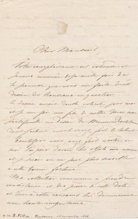 Jules JACQUEMART lettre autographe signée à Benjamin Fillon gravure Rochebrune 