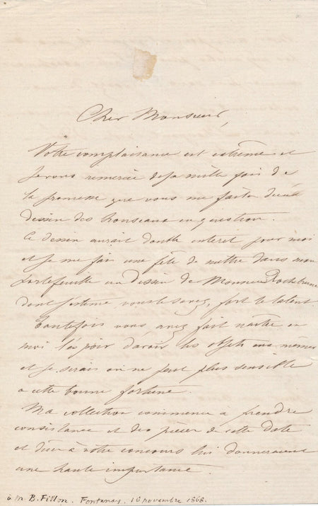 Jules JACQUEMART lettre autographe signée à Benjamin Fillon gravure Rochebrune 
