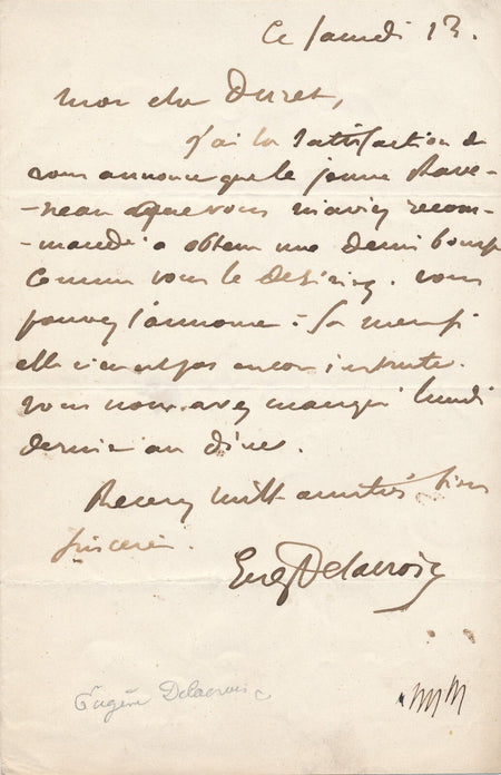 Eugène DELACROIX lettre autographe signée à Francisque Duret bourse