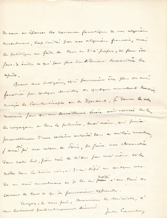 Jules Cambon très intéressante lettre sur Algérie antisémitisme autographe