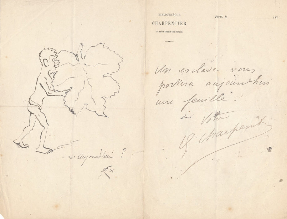 Georges CHARPENTIER billet autographe signé : un esclave apporte une feuille !