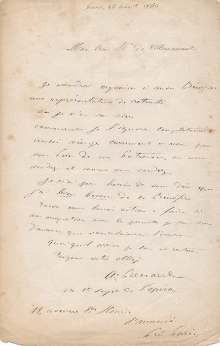 Antoine RENARD ténor opéra retraite VILLEMESSANT lettre autographe signée 