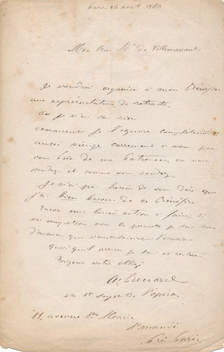 Antoine RENARD ténor opéra retraite VILLEMESSANT lettre autographe signée 