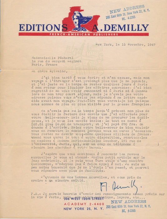 A. DEMILLY éditeur New York  france combattante 3 lettres  en têt autographe