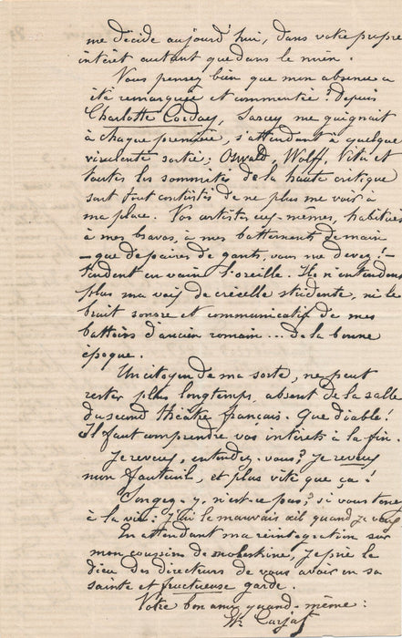 Étienne CARJAT est privé de théâtre Odéon ! lettre autographe signée humour