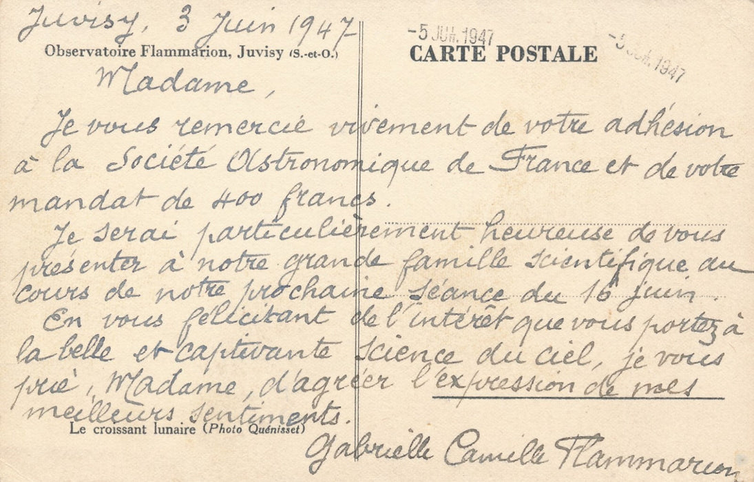 Gabrielle FLAMMARION captivante science du ciel CP autographe signée et carte