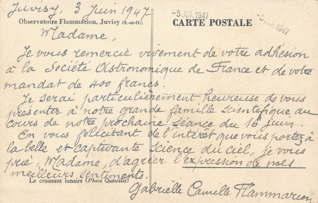 Gabrielle FLAMMARION captivante science du ciel CP autographe signée et carte