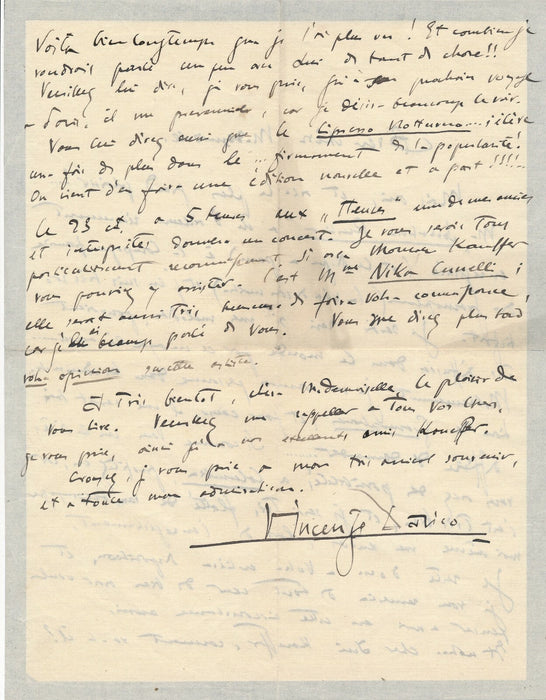 Vincenzo DAVICO 2 lettres autographes signées Sonatina rustica Cipresso notturno