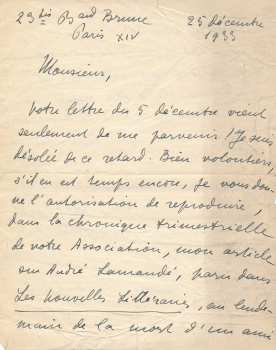 Jean BALDE  bel hommage à André Lamandé lettre autographe signée 1933
