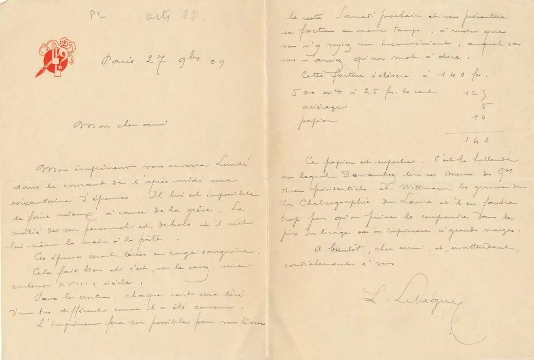 Léon LEBÈGUE lithographe graveur 2 lettres autographes 1 carte édition Marthold