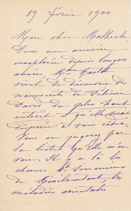 Jules ARMINGAUD compositeur 2 lettres autographes manuscrits Félicien David !
