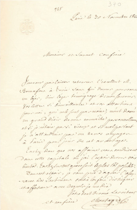 Camille MONTAGNE botanique agronome Mathieu Bonafous lettre autographe signée