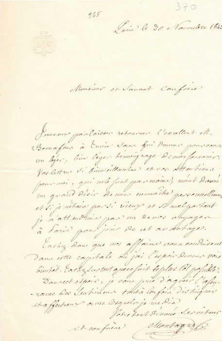 Camille MONTAGNE botanique agronome Mathieu Bonafous lettre autographe signée