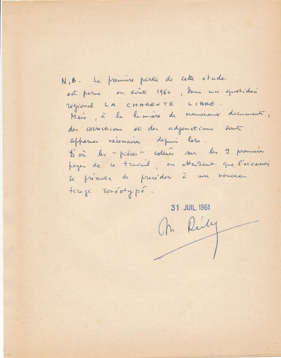 M. REIBLE Charente Angoumois émigrés Canada Louis XIV et XV autographe