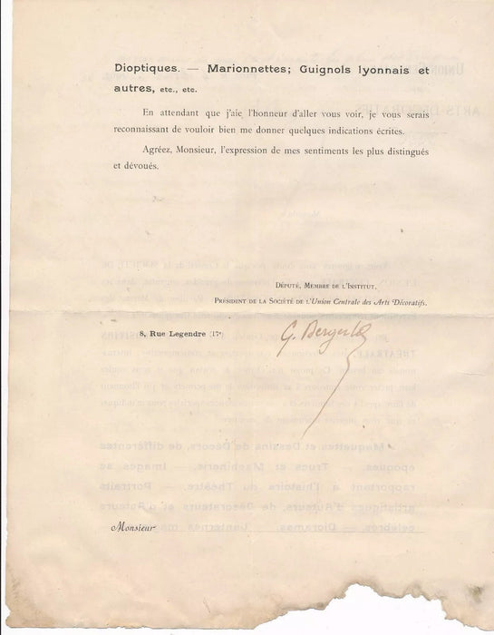Art décoratifs Georges BERGER 5 lettres autographes signées exposition. Ensemble