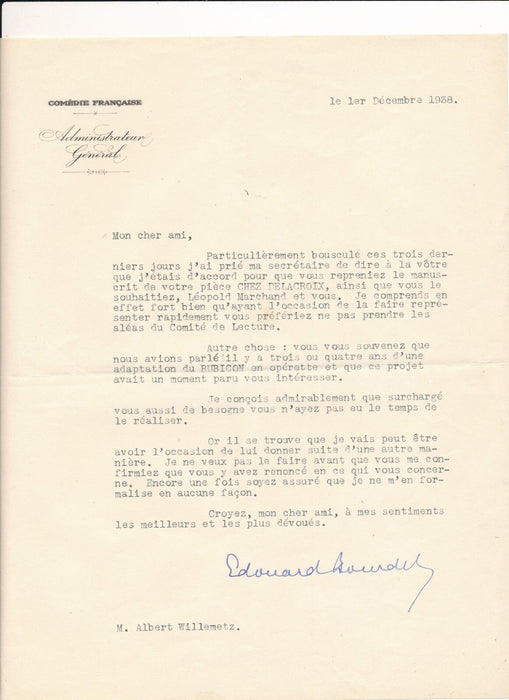théâtre Edouard BOURDET 7 lettres à Albert WILLEMETZ Yvonne Printemps Rubicon