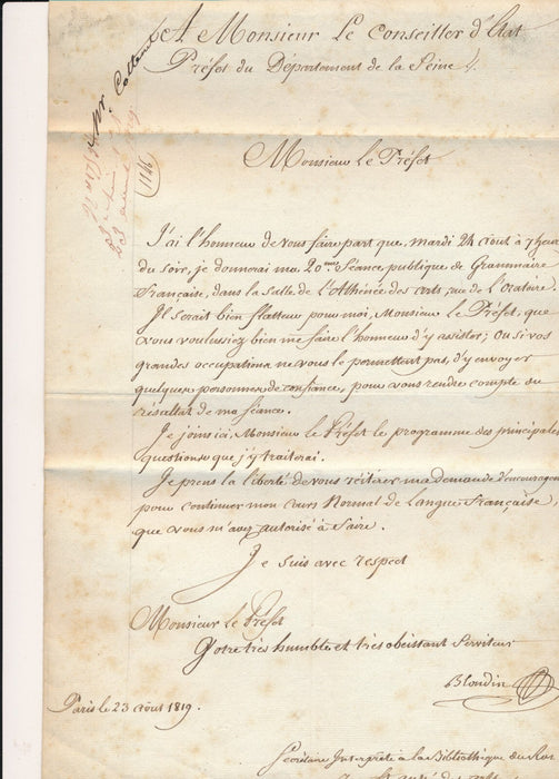 Jean-Noël BLONDIN leçon de grammaire invitation préfet lettre autographe signée