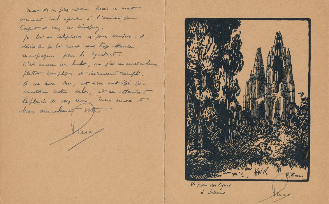 Fernand PINAL gravure sur bois signée ET bel envoi autographe signé Soissons