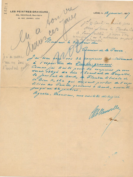 Albert NEUVILLE Lettre autographe signée coupures presse expo 1907 graveur