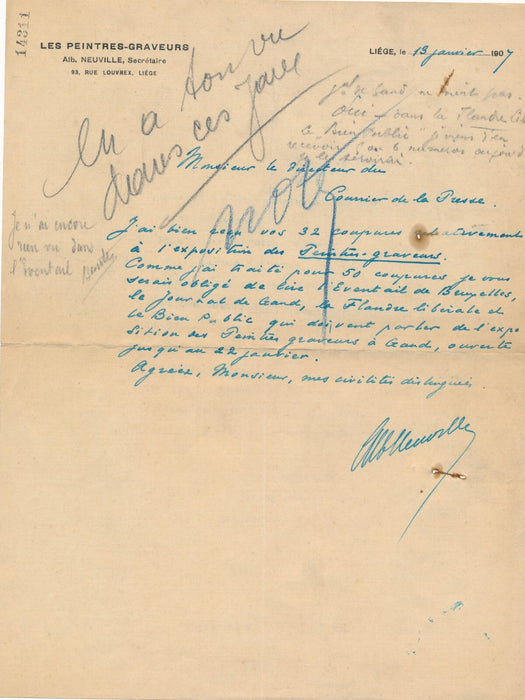 Albert NEUVILLE Lettre autographe signée coupures presse expo 1907 graveur