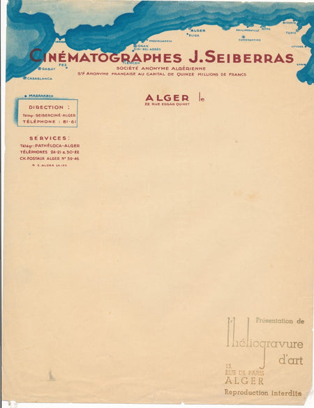 Papier à en-tête des Cinématographes J. Seiberras Algérie et SCHELL commercial
