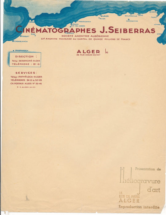 Papier à en-tête des Cinématographes J. Seiberras Algérie et SCHELL commercial