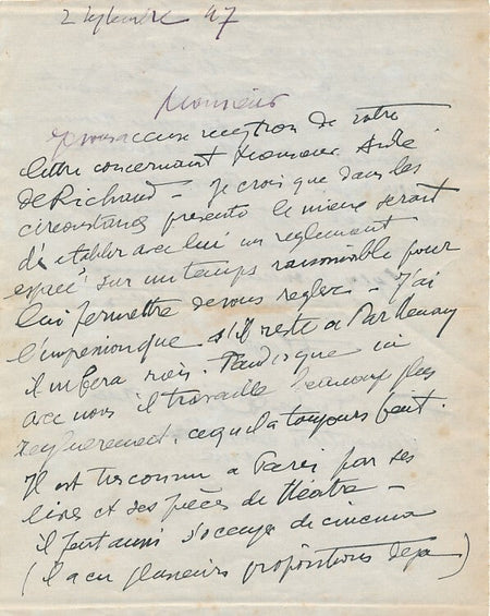 Fernand LEGER Lettre autographe signée sur André de RICHAUD en difficulté
