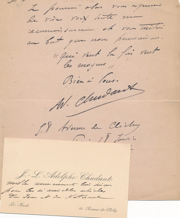 Peintre Adolphe Chudant lettre autographe ET carte visite Jourdain Durand Ruel