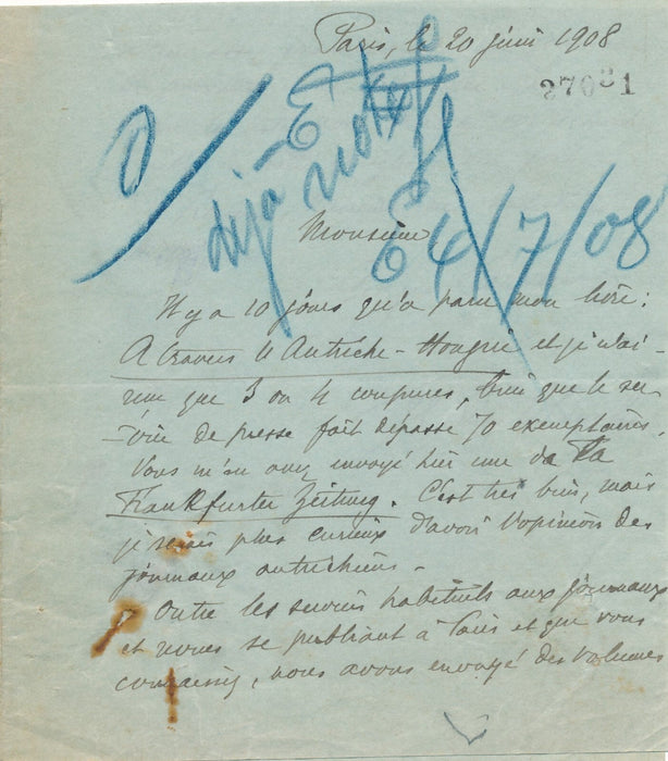 Georges SERVIÈRES lettre autographe signée presse À travers l’Autriche-Hongrie