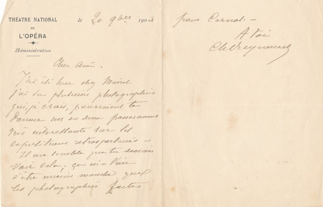 Charles REYNAUD architecte Opéra 4 lettres autographes signées Annales Théâtre