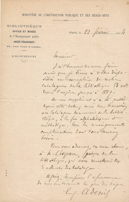 Eugène ADENIS Musée pédagogique catalogue bibliothèque lettre autographe signée