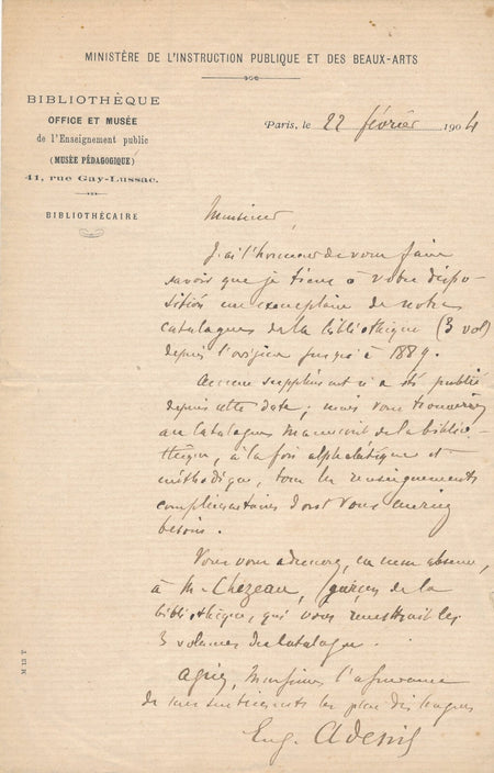 Eugène ADENIS Musée pédagogique catalogue bibliothèque lettre autographe signée