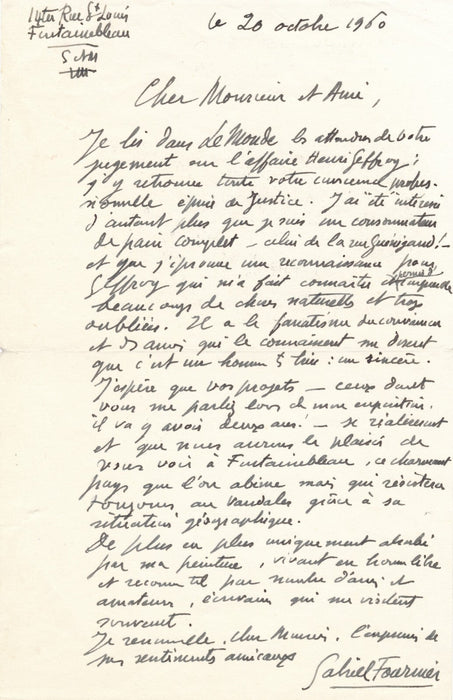 Gabriel FOURNIER défend Henri Geffroy Vie Claire peinture lettre autographe