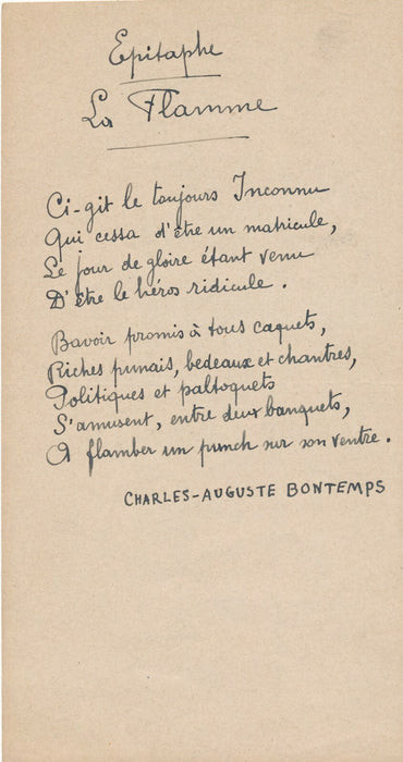 Charles Auguste BONTEMPS poème autographe signé antimilitariste 