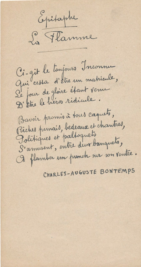 Charles Auguste BONTEMPS poème autographe signé antimilitariste 